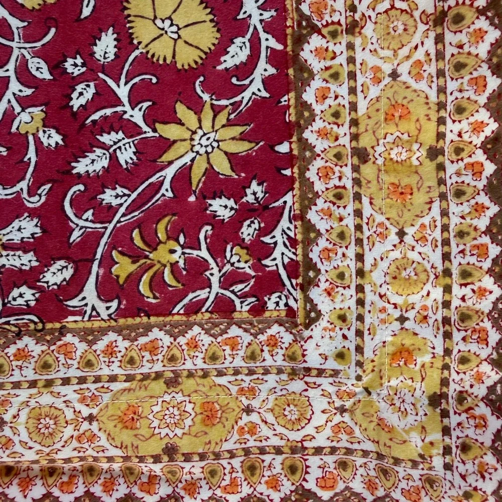 Pottery Barn Red Floral Block Print Cotton Tablecloth 70x108 Rectangular India